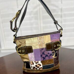 Coach Patchwork Shoulder Bag Suede Leather Canvas Purple Brown